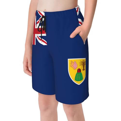 Flag of The Turks and Caicos Islands Small Youth Beach Pants, Soft and Breathable, with Drawstring Waist, Suitable for Sports and Leisure. Black4