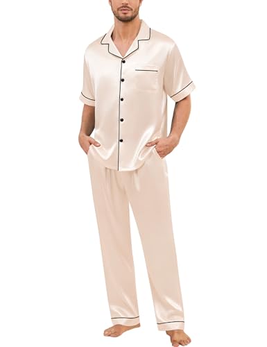 Image of SWOMOG Mens Silk Pajamas Set Satin Pj Set Short Sleeve Sleepwear Button Down Lounge Set with Drawstring & Pockets S-3XL