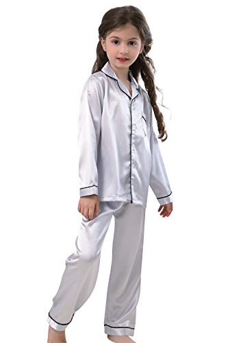 Image of Pajamas Kid Unisex Pjs Set Girls Boys Silk Pajamas Set Satin Long Sleeve 2 Piece Clasic Sleepwear for 2-12 Years Todder