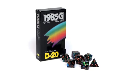 Image of 1985 Games Sharp Edge DND Dice Set - Starstorm Polyhedral Dice in Retro VHS Box - 5E TTRPG Dice Set - Tabletop RPG Accessory (Set of 7)