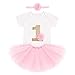 Baby Mädchen 1 Jahr Erster Geburtstag Outfit Baumwolle Kurzarm Strampler Body Prinzessin Tutu Tüll Rock Krone Stirnband Sommer Geburtstagskleid Fotoshooting Kostüm Rosa 12-18 Monate