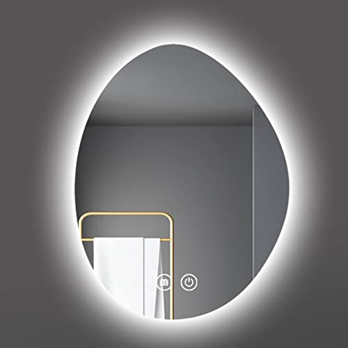SXSaelciun Espejo de Maquillaje de Pared sin Marco con iluminación LED antivaho, Forma de lágrima Irregular, Regulable en 3 Colores, con Smart Touch, HD a Prueba de explosiones (40