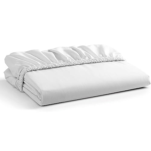 100% Cotton Single Fitted Sheet White, 300 Thread Count Sateen Weave Fitted Sheet Single Bed, Ultra-Soft, Wrinkle-Resistant Deep Fitted Single Sheet 90 x 190cm + 35cm - The Cotton Exchange Manchester