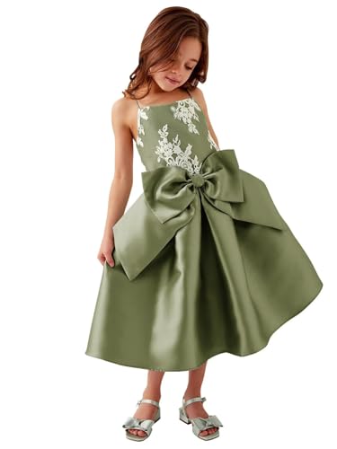 Bow-Knot Flower Girl Dress for Wedding Satin Lace Applique Ball Gowns Sleeveless Straps Princess Birthday Long Dress2