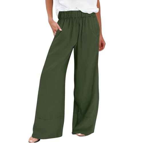 Cotton Linen Pants for Women with Pockets Wide Leg Boho Trousers Ladies Baggy Elastic High Waisted Flowy Palazzo Pants