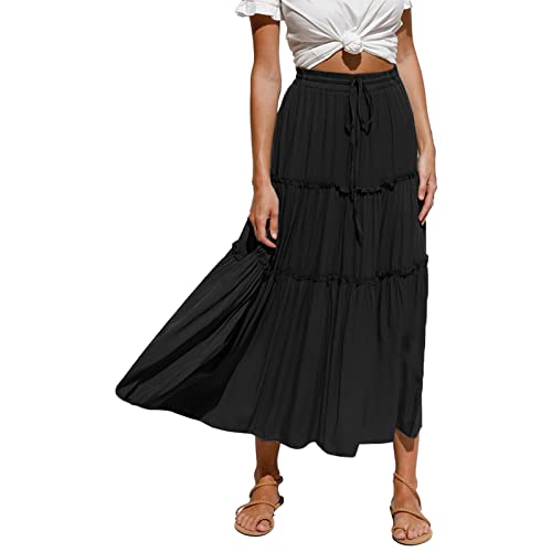Jupe longue femme bohème à taille élastique plissée A-line