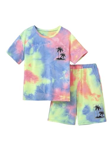 Image of Verdusa Boy's 2 Piece Outfits Tie Dye Crew Neck Tee Shirts and Track Shorts