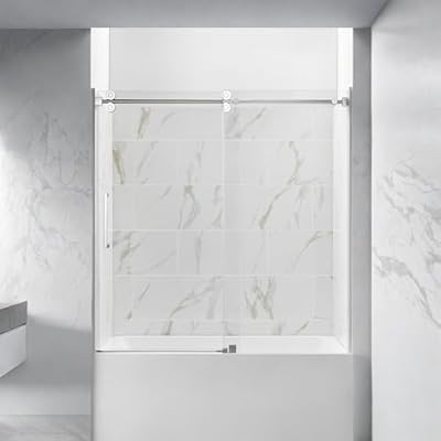 ChicFurnit 56-60" W x 60" H Frameless Bathtu Shower Door, 3/8"(10MM) Clear Tempered Glass Sliding Door, Smooth-Closing Door with Reversible Installation&Stainless Steel Hardware, Polished Chrome