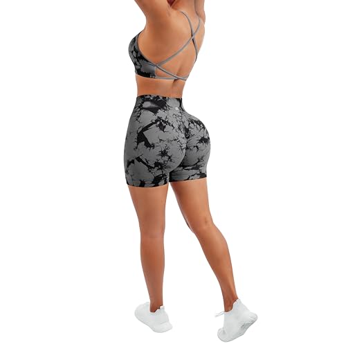 Image of SUUKSESS Women Seamless Workout Sets Strappy Sports Bra High Waist Booty Shorts Outfits