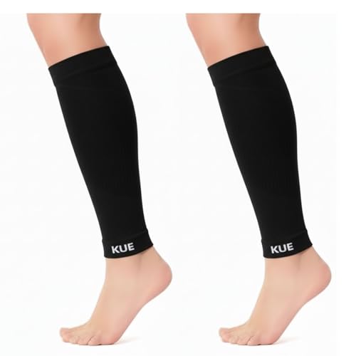 Image of KUE Compression Calf Sleeves for Running, Sports, & Medical Recovery | Graduated Support for Men & Women | Improves Blood Circulation, Reduces Swelling, Pain Relief |UV Protection (Black, 2 Pairs, M)