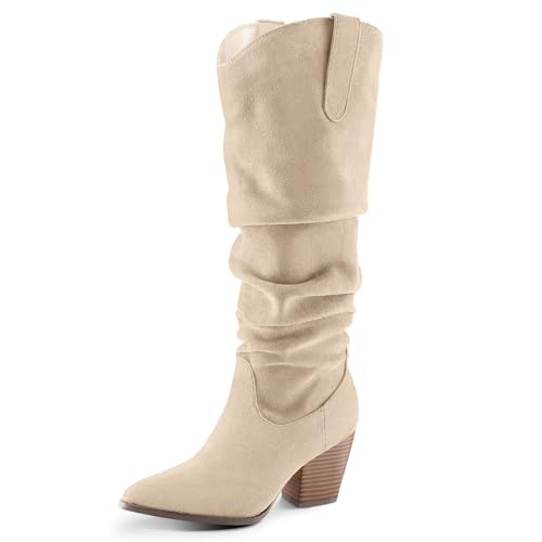 Coutgo Women's Mid Calf Slouchy Boots Suede High Heel Slip-on