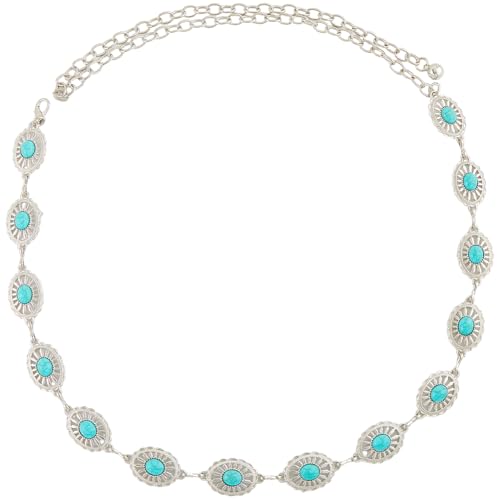 Turquoise Waist Chain Western Cowgirl Metal Silver Sparkly Adjustable Summer Belly Chain Link Belts Fashion Sexy Belt Jewelry Accessories for Women Dress Wedding Bridal Party Birthday Club