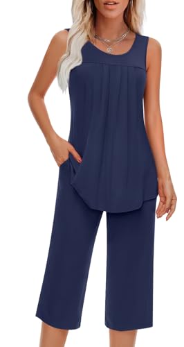 Image of Findsweet Women Pajamas Sets Loungewear Soft Sleepwear Two Piece Summer Sleeveless Pjs Tank Top Pants with Pocket S-4XL