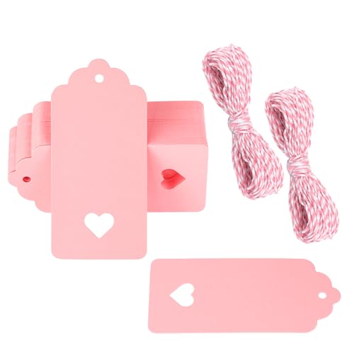 G2PLUS 100PCS Kraft Paper Gift Tags Hollow Heart Wedding Favor Tags with Twine for Mothers Day Valentines Day Birthday Gift Wrap Baby Shower Favors DIY Craft Homemade Gifts (Pink)