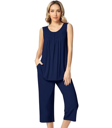 Image of NACHILA Pajamas for Women-Viscose Made from Bamboo, Sleeveless Pjs Top and Capri Pants Pajama Set Cool Pleated Sleepwear