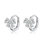 Reffeer Solid 925 Sterling Silver CZ Bow Hoop Earrings for Women Teen Girls Cute Bow Earrings Huggie (A-Silver)