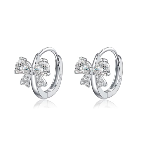 Reffeer Solid 925 Sterling Silver CZ Bow Hoop Earrings for Women Teens Cute Bow Earrings Huggie