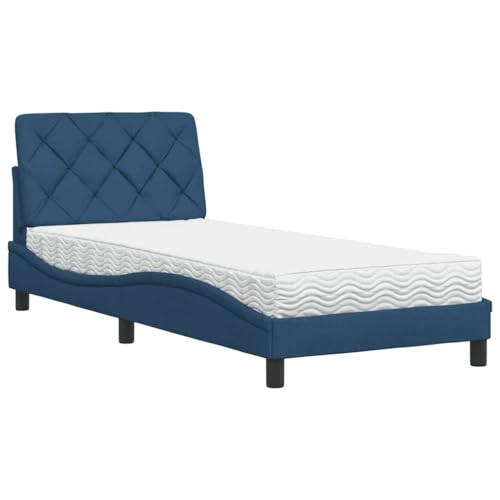 mtlskopl Lit simple, bleu, 80 x 200 cm, avec matelas et tête de lit, rembourré, gamme Piran, pieds en métal, style colonial, pour chambre d'adolescent et...