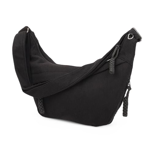 viiotu Umhängetasche Damen, Cord Crossbody bag damen mit 3 Reißverschlusstaschen und verstellbarer Schultergurt für Arbeit, Kausal, Reisen und Alltag (Schwarz)