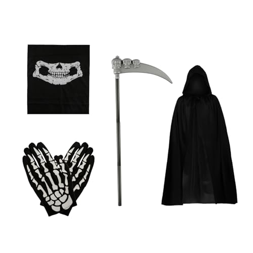 Tabanzhe Halloween Grim Reaper Costume Set - 5 PCS Skeleton Reaper Black Cloak Gloves Face Mask Sickle for Adults Cosplay Decoration Accessories
