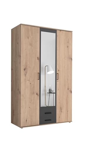 Stella Trading CHICAGO Eleganter Kleiderschrank mit viel Stauraum - Vielseitiger Drehtürenschrank in Artisan Eiche Optik und Absetzungen in Anthrazit - 120 x 197 x 54 cm (B/H/T)