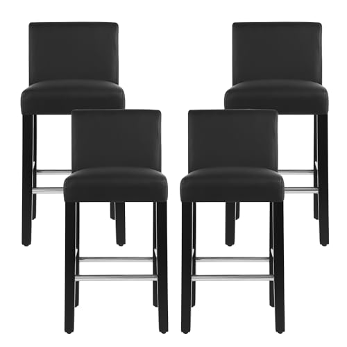 NOBPEINT Contemporary Counter Height bar Stool, Upholstered Faux Leather Barstool with Steel Footrests, 26 inch Seat Height, (Set of 4) Black
