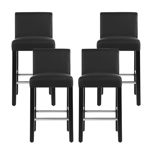 NOBPEINT Contemporary Counter Height bar Stool, Upholstered Faux Leather Barstool with Steel Footrests, 26 inch Seat Height, (Set of 4) Black