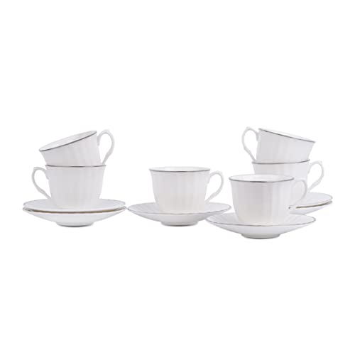 Image of Dandy Lines Cup in Platinum and Saucer Set, Elegant Cups and Saucers for Tea, Eco-Ceramic, Pack of 6, Microwave & Dishwasher Safe, Great for Hosting & Gifting