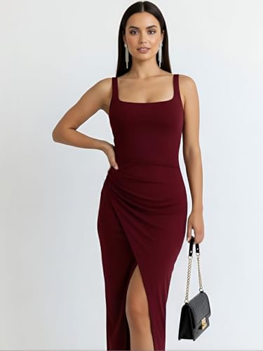 Image of Women's Sleeveless Midi Dress, Square Neck, Ruched Side, Bodycon Style with Slit