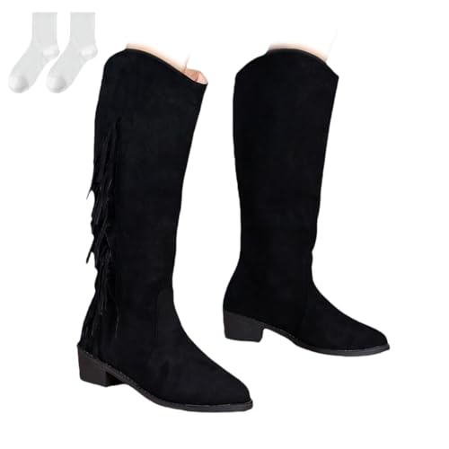 Botas Mujer con Flecos, Botas Altas Punta Fina sin Cremallera con Tacón Bajo, Botas Elegantes de Caña Ancha Talla Grande, Botas Otoño Invierno para Uso Diario,Negro,41 EU