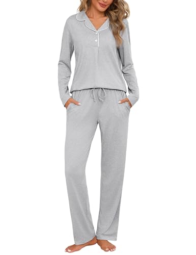 Jahetuul Women's Pyjama Sets Cotton Pjs for Ladies Loungewear Set Long Sleeve Button Down Tops and Pants with Pockets Winter Sleepwear Grey