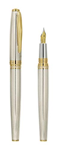 Xezo Solid 925 Sterling Silver Serialized Extra Fine Fountain Pen, 18K Gold Plated With Screw-On Cap. Swarovski Crystals Band (Maestro 925 Sterling Silver Ef), Silver And Gold #TOP2