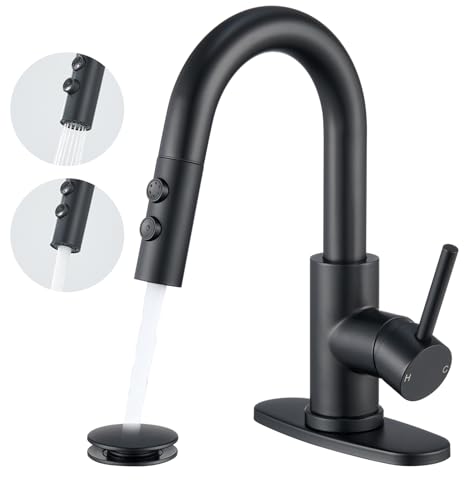 Black Bathroom Faucet with Pull Down Sprayer Single Hole Bathroom Faucet with Pop-up Drain and Flexible Hoses 1 Handle Sink Faucets for Vanity Modern Farmhouse Vanity Restroom