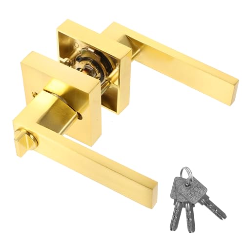 OSOLADY Manija de Puerta de Aleación de Aluminio Cerradura para Dormitorio y Baño, Palanca Cuadrada Dorada Llave, Cerradura Resistente para Puertas Interiores, Montaje Seguro y Funcional