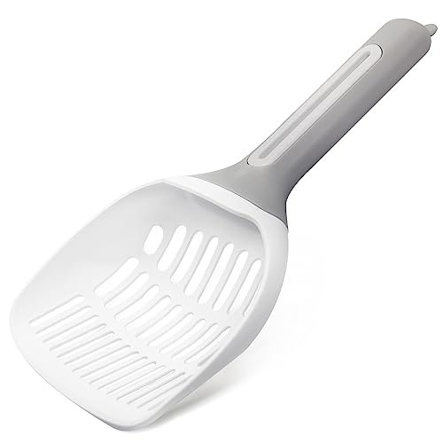 Rionaty Pala grande de arena para gatos de mango largo con agujeros finos, pala antideslizante para todo tipo de arena para gatos, tamizado sin esfuerzo y limpieza de residuos de mascotas (blanco gris