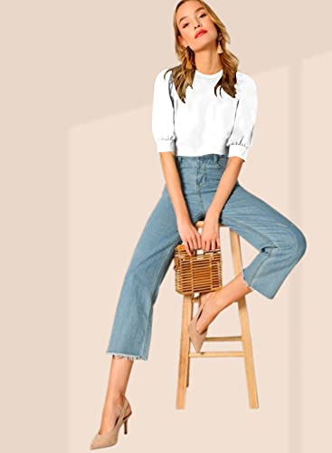 Image of Dream Beauty Fashion Women's Puff Sleeve Round High Neck Top Balloon Bishop Sleeve Elegant Casual Tee (23 inch Inches)- (Top Sofia P)