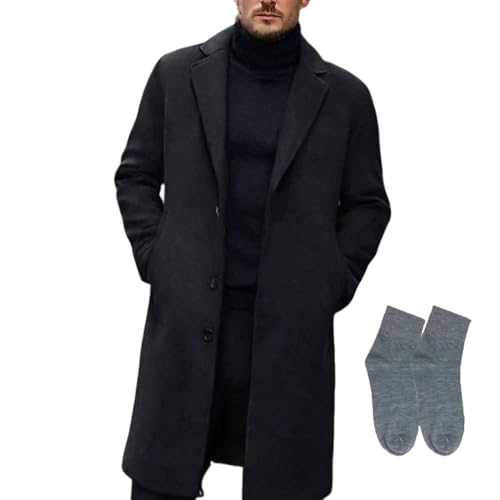 Men's Casual Trench Coat Slim Fit Blazer Collar Long Jacket Overcoat Single Breasted Pea Coat with Pockets