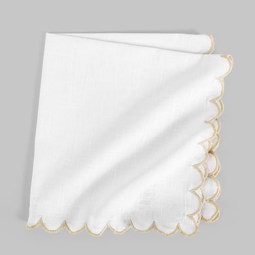 Image of FINGERCRAFT Scallop Edge Cloth Napkins | Set of 6 | 20x20 Inches | 100% Cotton | Table Napkins for Any Occasion | Washable, Perfect for Parties and Everyday Use (White Slub, Set of 6)