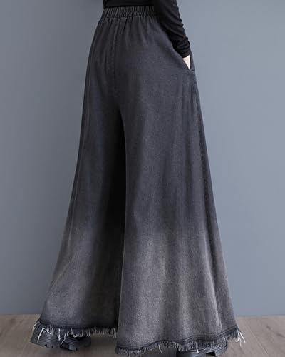 ellazhu Women's Pants Elastic Waist Wide Leg Pockets Color Block Baggy Loose Oversize Trouser GZ3153