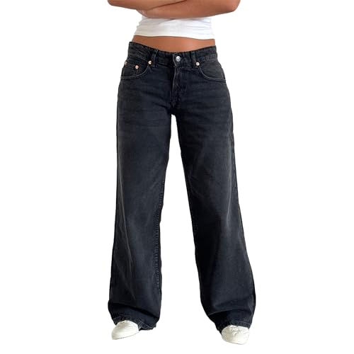 RegaliaKun Jeans de Pierna Recta para Mujer Y2k de Tiro bajo, Holgados, Estilo Boyfriend, Pantalones Vaqueros elásticos, Gris Oscuro, Talla pequeña