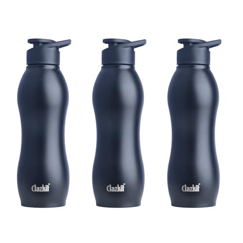 Image of Clazkit Platina Stainless Steel Black Matte Finish Water Bottle Set of 3|ISI Certified | Leakproof, Rust-Free, BPA-Free, Durable for Fridge, Sports, Gym, Yoga & Office- Easy to Clean & Reusable-1000ml