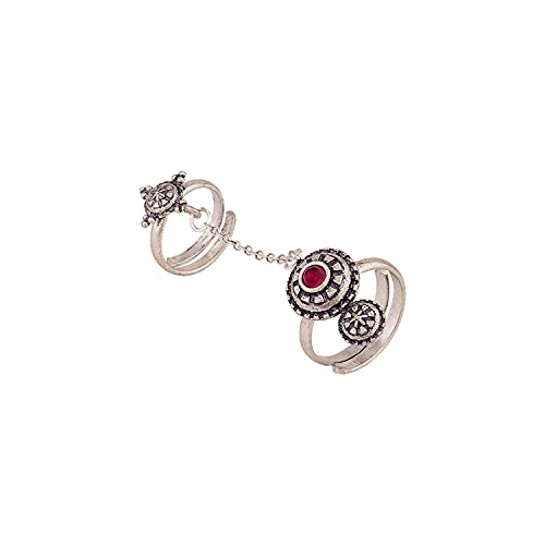 Image of Voylla Brass Silver Oxidised Adjustable Two Finger Ring with Red Stone for Women and Girls