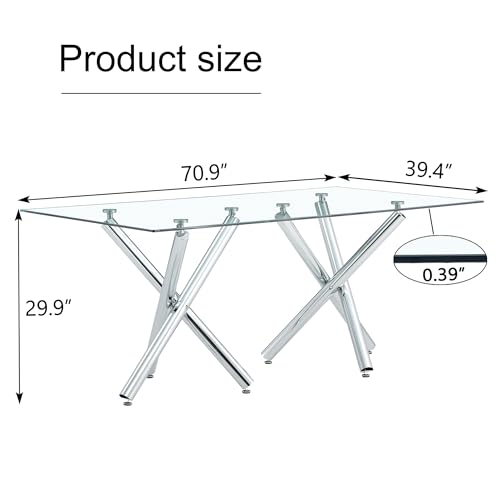 NYEESS 71” Glass Dining Table, Large Dining Room Table for 6-8 People, Silver Chrome Kitchen Table for Dining Room,0.4 Thickened Tempered Glass Top with Silver Metal Legs