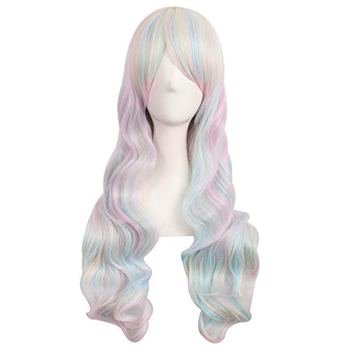 MapofBeauty Multi-color Lolita Long Curly Clip on Ponytails Cosplay Wig (Pink/Blue/Blonde)