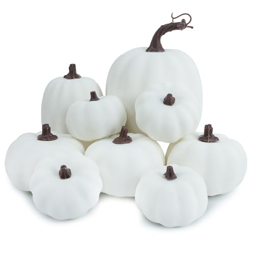 Image of Ghrdopy 9PCS Fall Pumpkin Decor - Plastic Artificial Fake Pumpkins Used for Home Party Outdoor Decor and Thanksgiving Decorations(White)