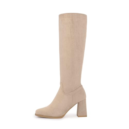 Shoe'N Tale Knee High Boots for Women Square Toe Tall Boots High Chunky Block Heeled Side Zipper2