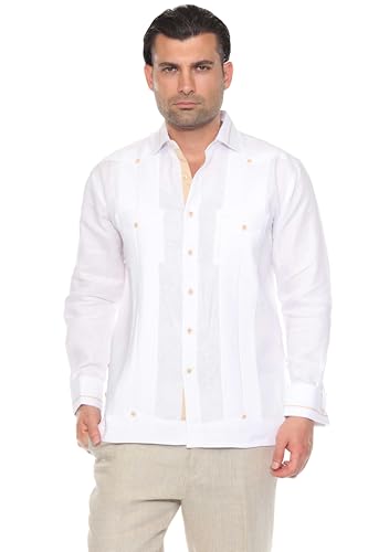 Mojito Men's 100% Linen Guayabera Chacabana Shirt Long Sleeve - Contrast Vertical & Collar Accent Trim