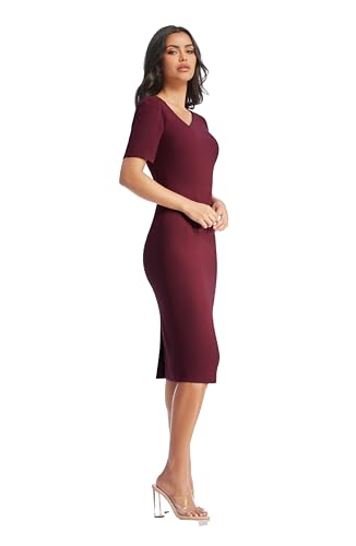 Image of Dress the Population Women's Ruth Short Puff Sleeves Asymmetrical Neckline Bodycon Midi Dress