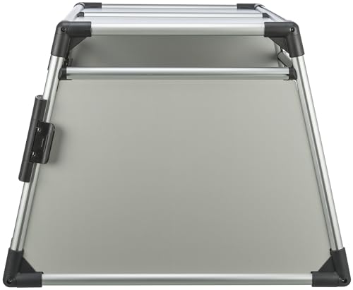 TRIXIE Doppel-Transportbox Aluminium – Hundebox für zwei Hunde bis zu 50 kg, 93 × 64 × 83 cm, mit herausnehmbarer Trennwand, Sicherheitsverschluss vorne & rutschfester Liegematte – 39345