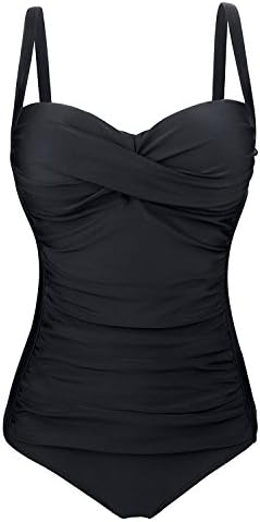 Memory baby Women's Tummy Control Monokini Vintage One Piece Swimsuit High Waisted Pin up Bathing Suit(Black, X-Large)